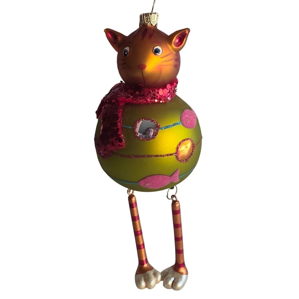 Summit Blown Glass Cat Ornament Orange Tabby Green Sequin Scarf Dangle Legs 6.5"